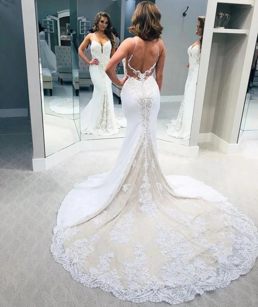 Designer Backless Spaghetti-Straps Column Wedding Dress (ZD13807)