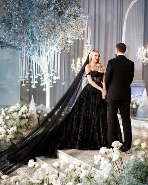 Designer Black A-Line Off-the-shoulder Glitter Wedding Dresses With Lace (ZD16565)
