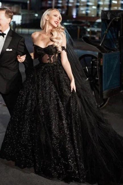 Designer Black A-Line Off-the-shoulder Glitter Wedding Dresses With Lace (ZD16565)