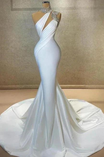 Designer Column Satin High Neck Sleeveless White Long Prom Dress With Ruffles (ZD16616)