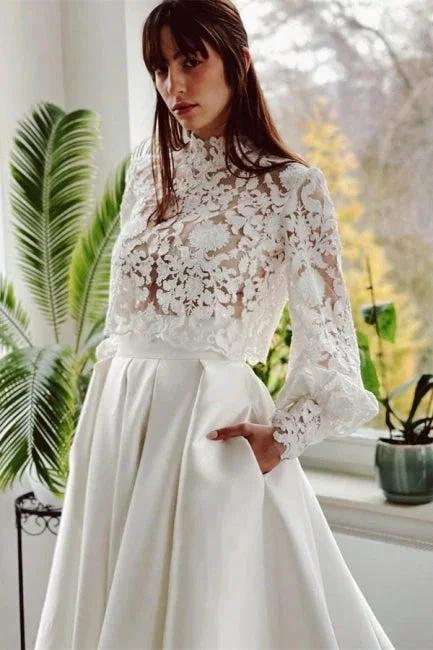 Designer Long A-line High Neck Lace Wedding Dresses With Long Sleeves (ZD16509)