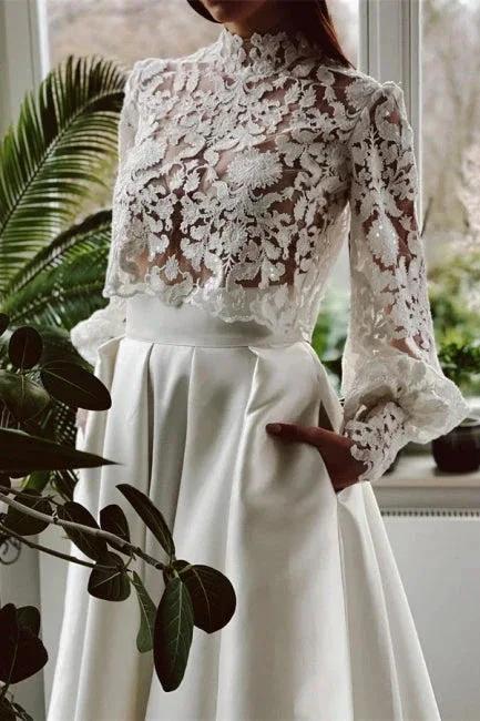 Designer Long A-line High Neck Lace Wedding Dresses With Long Sleeves (ZD16509)