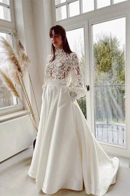 Designer Long A-line High Neck Lace Wedding Dresses With Long Sleeves (ZD16509)