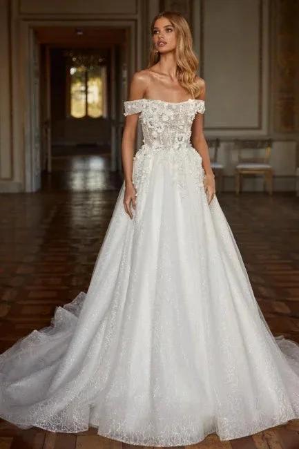 Designer Long A-line Off-the-shoulder Lace Wedding Dresses With Glitter (ZD14491)