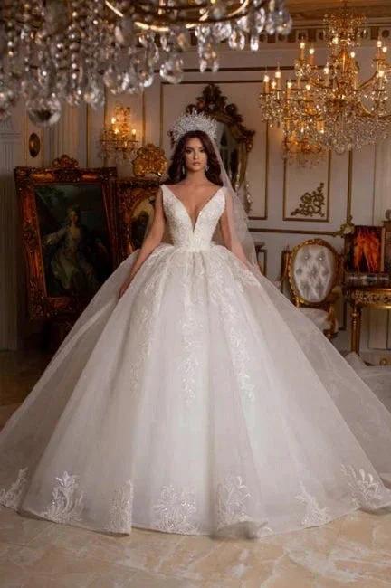 Designer Long A-line V-Neck Sleeveless Appliques Wedding Dress With Lace (ZD14987) - VelvetHem