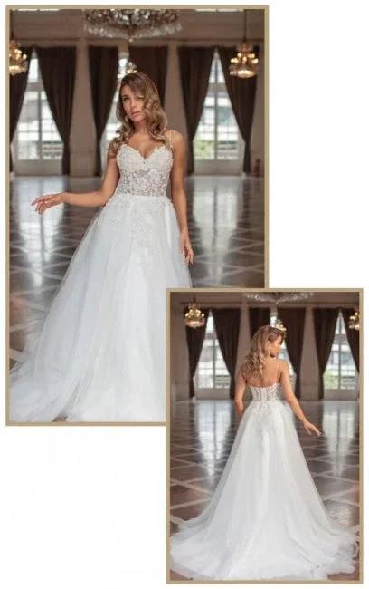 Designer Long A-line V-neck Tulle Sleeveless Wedding Dresses With Lace (ZD14896)
