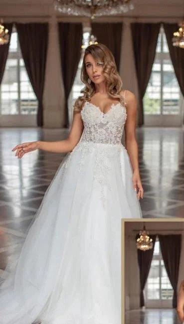 Designer Long A-line V-neck Tulle Sleeveless Wedding Dresses With Lace (ZD14896)