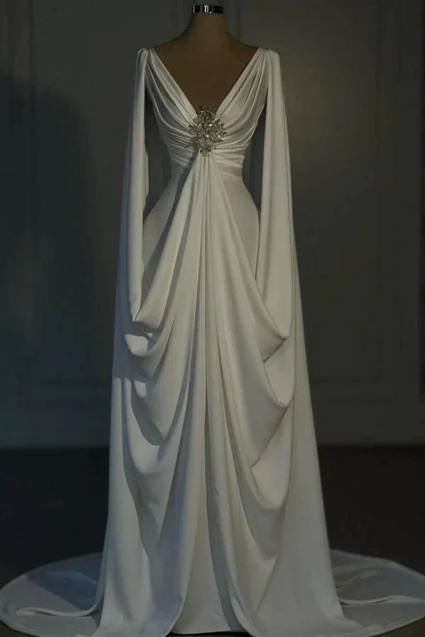 Designer Long Ivory A-line V-neck Satin Wedding Dress with Long Sleeves (ZD15527)