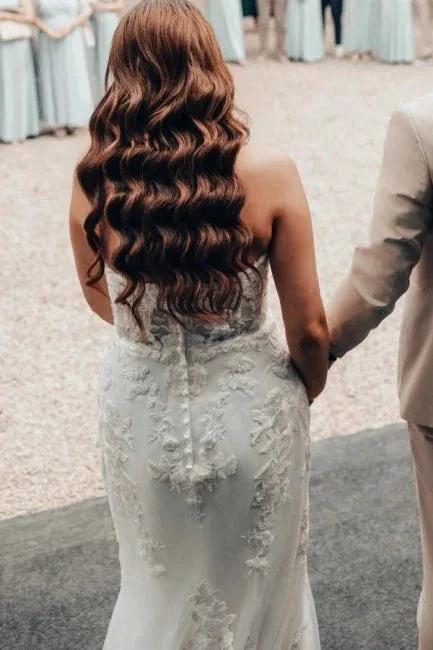 Designer Long Ivory Mermaid Strapless Lace Wedding Dress with Train (ZD16627)