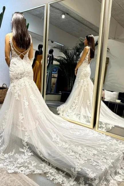 Designer Long Mermaid Appliques Sleeveless Wedding Dresses With Lace (ZD14527)