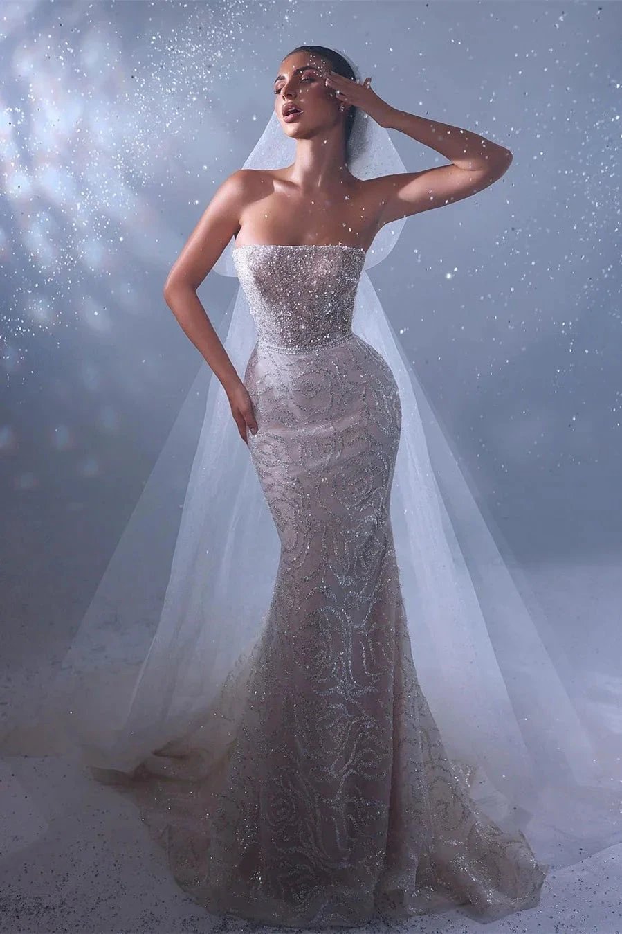 Designer Long Mermaid Sleeveless Lace Wedding Dress With Train (ZD14525)