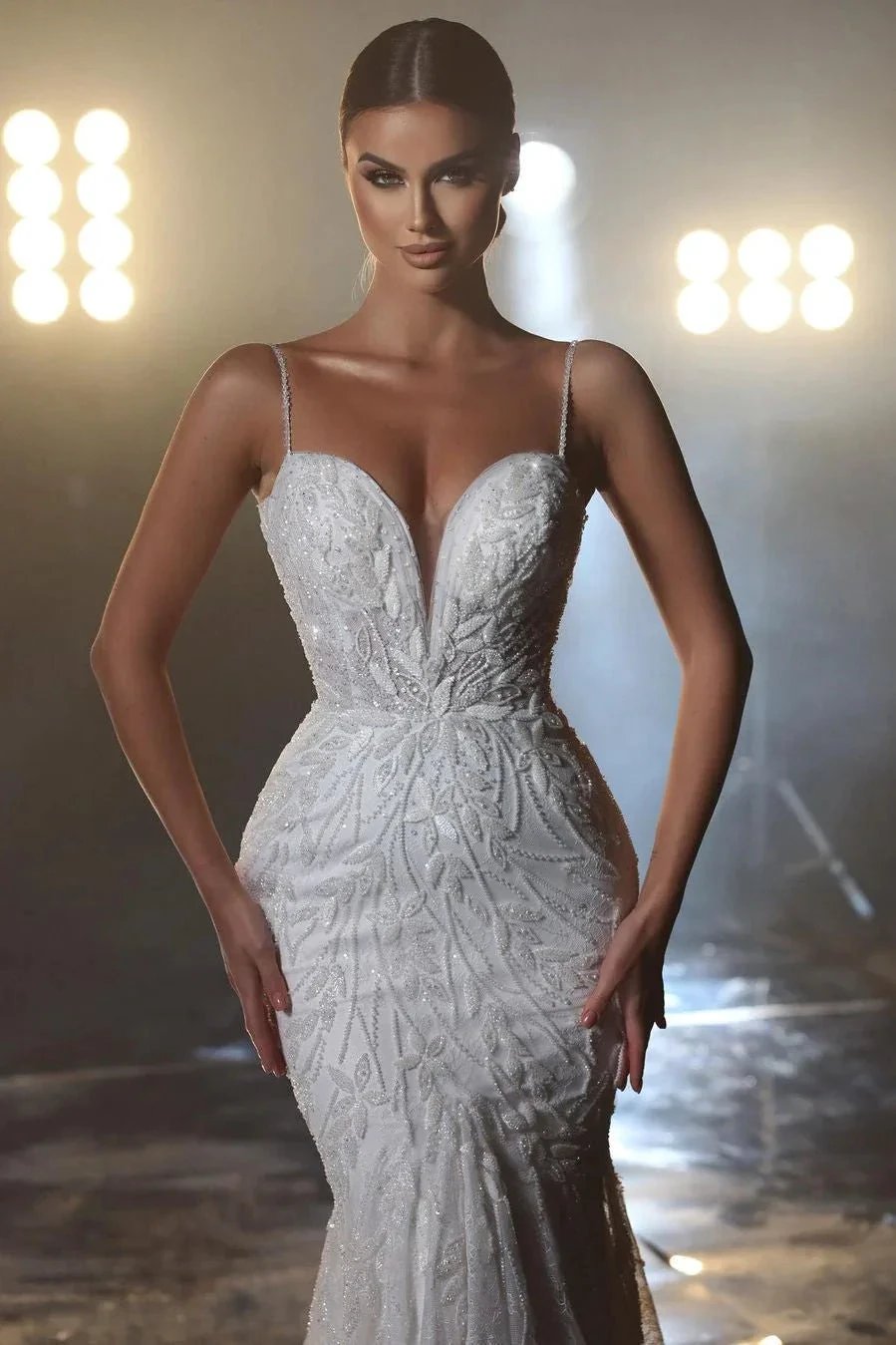 Designer Long Mermaid Spaghetti Straps V-neck Wedding Dress With Lace (ZD14521)