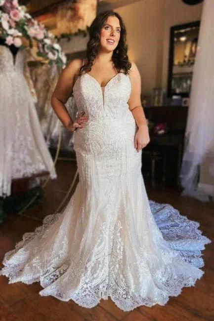 Designer Long Mermaid Spaghetti Straps Zippered Wedding Dresses Lace (ZD15602)