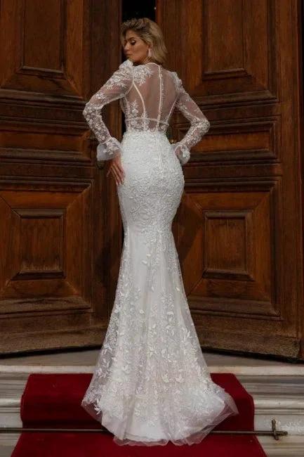 Designer Long Mermaid V-neck Lace Wedding Dresses With Long Sleeves (ZD16444)