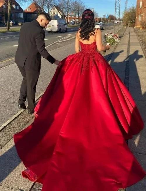 Designer Long Red A-line Spaghetti Straps Lace Princess Wedding Dress (ZD15549)