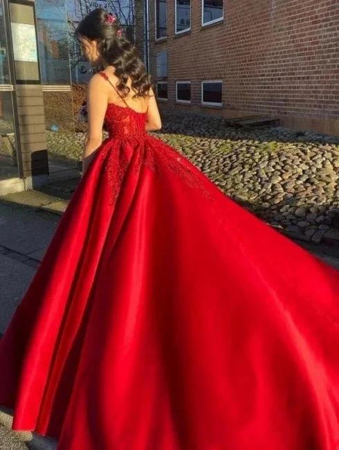 Designer Long Red A-line Spaghetti Straps Lace Princess Wedding Dress (ZD15549)