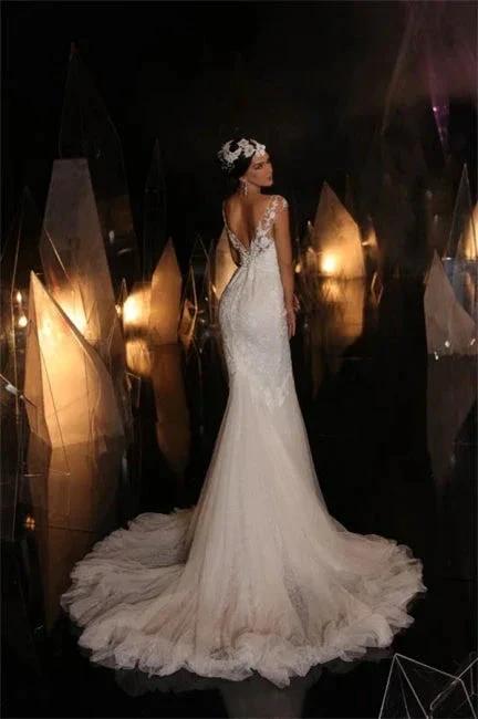 Designer Long V-neck Mermaid Lace Appliques Sleeveless Wedding Dresses (ZD14955)
