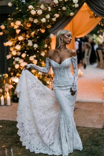 Designer Off-the-shoulder Long Sleeves Mermaid Wedding Dresses With Lace (ZD14634)