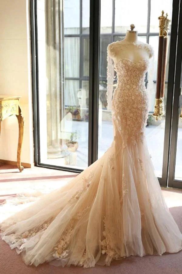 Designer Open Back Sheer Flowers Long Sleeve Mermaid Wedding Dress (ZD15477)