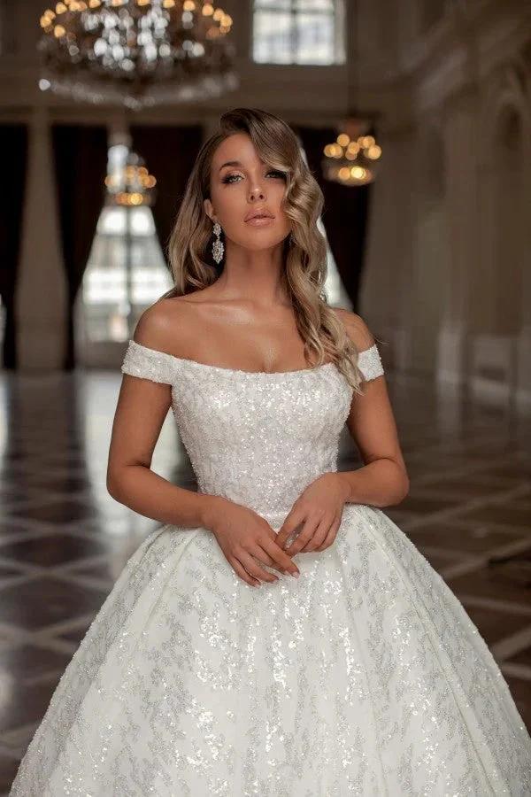 Designer Princess Long White Off-the-shoulder Glitter A-line Wedding Dresses (ZD14833)