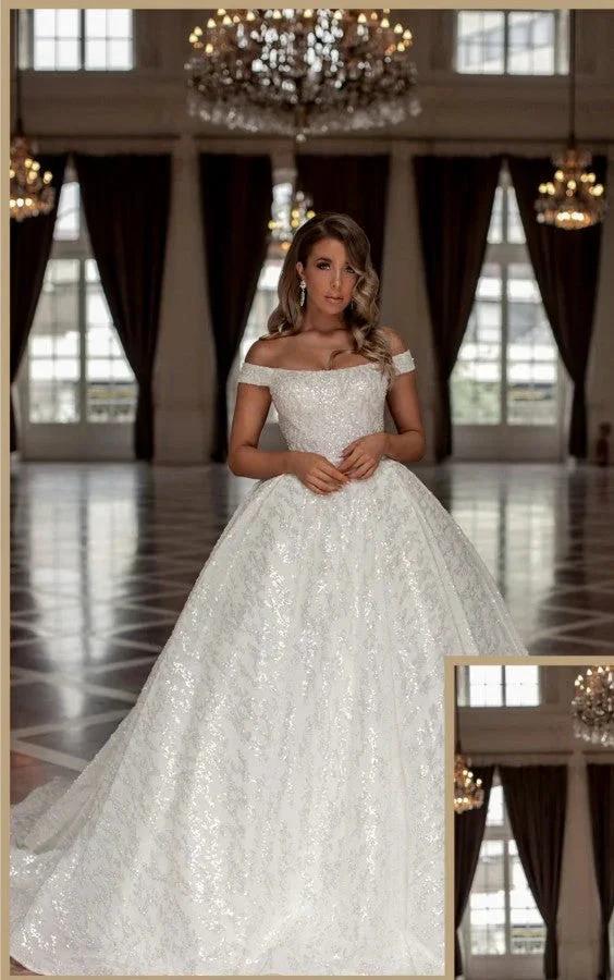 Designer Princess Long White Off-the-shoulder Glitter A-line Wedding Dresses (ZD14833)