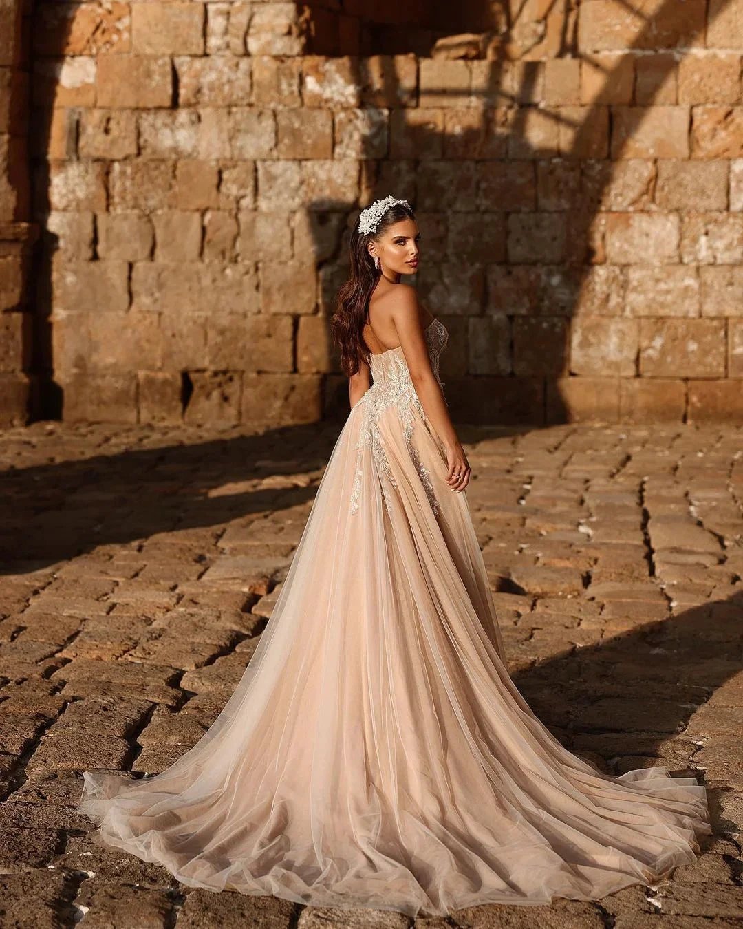 Designer Sweetheart Long A-line Glitter Lace Wedding Dress With Slit (ZD16499)