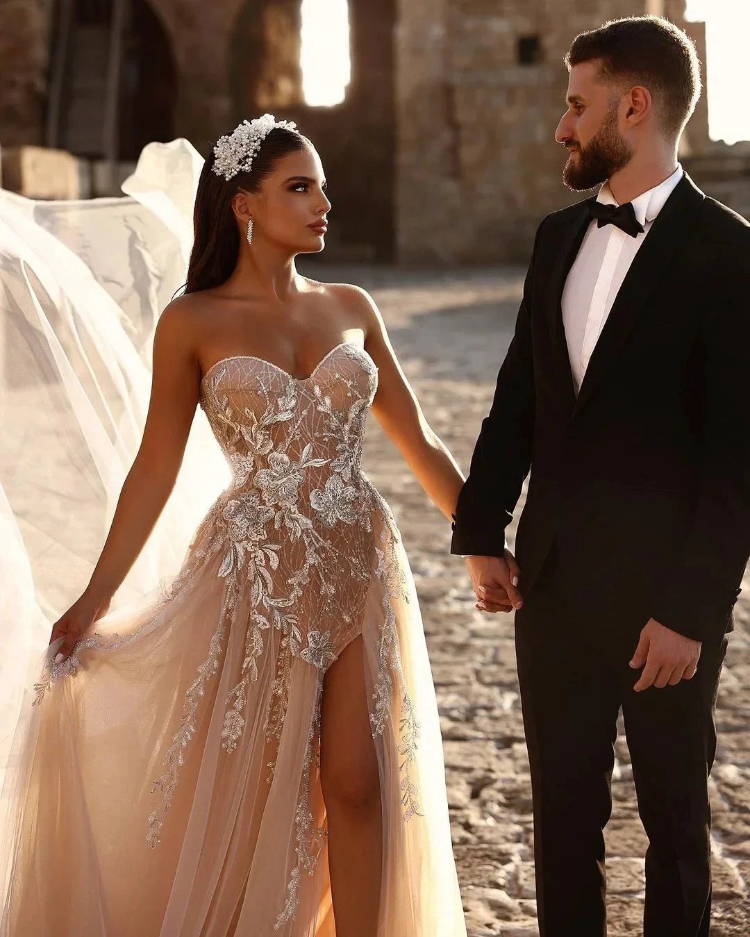 Designer Sweetheart Long A-line Glitter Lace Wedding Dress With Slit (ZD16499)