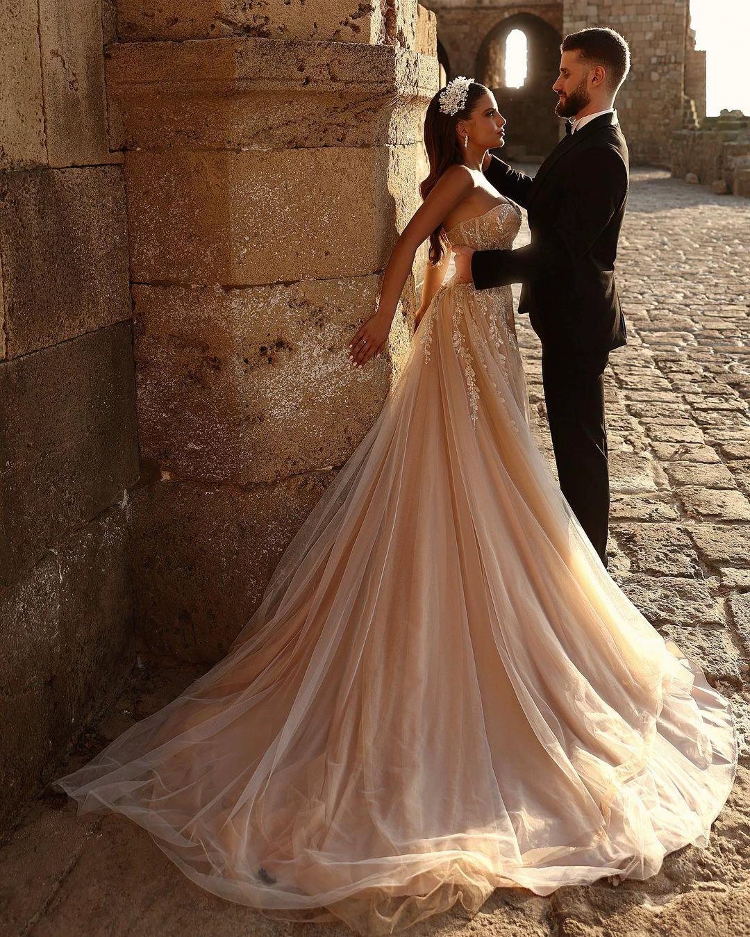 Designer Sweetheart Long A-line Glitter Lace Wedding Dress With Slit (ZD16499)