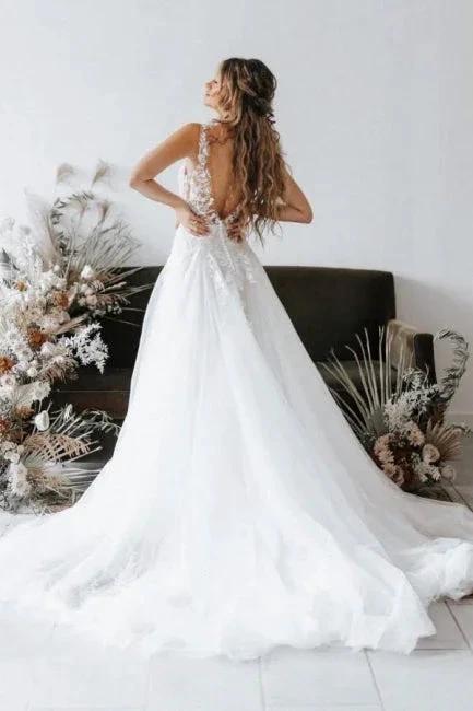 Designer V-neck Boho A-Line Backless Wedding Dresses With Lace (ZD14612)