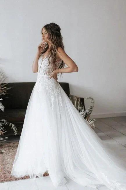 Designer V-neck Boho A-Line Backless Wedding Dresses With Lace (ZD14612)
