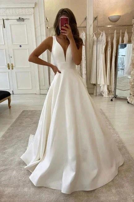 Designer wedding dress V neckline | Wedding Dress A-Line by misshow.com
