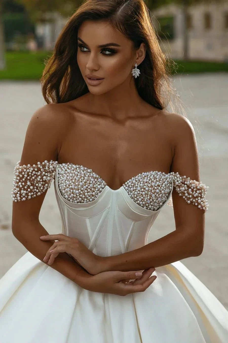 Designer White A-line Off-the-shoulder Wedding Dress With Pearls (ZD14645)