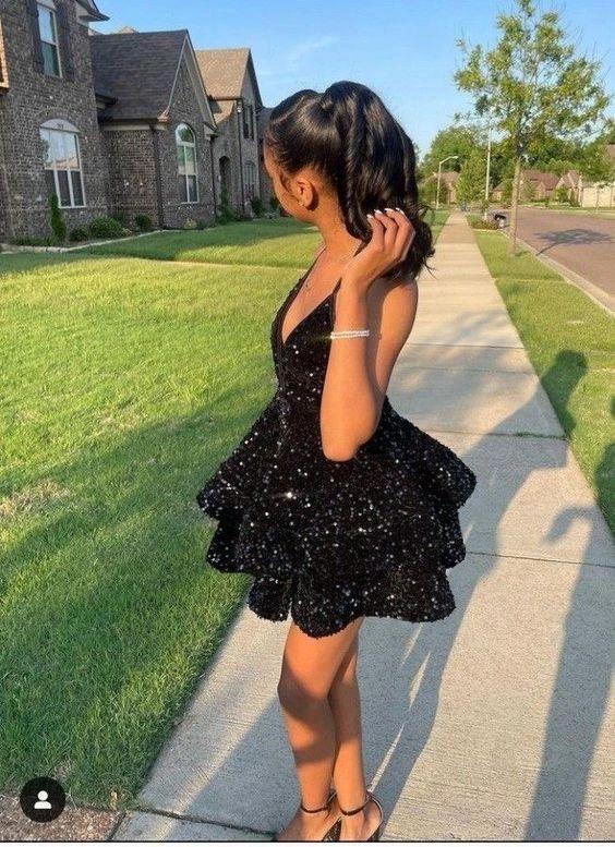 Sexy Black Sparkling Short Cocktail Dresses Back Open Tiered Sequin Graduation Gown Parties Night,Black Homecoming Dress Y1504 by simplepromdress