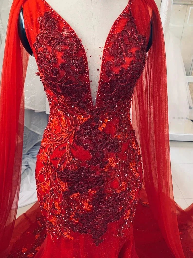 Unique Red Vintage Wedding Dress,Princess Bridal Gown Mermaid Prom Dress (ZD13609)