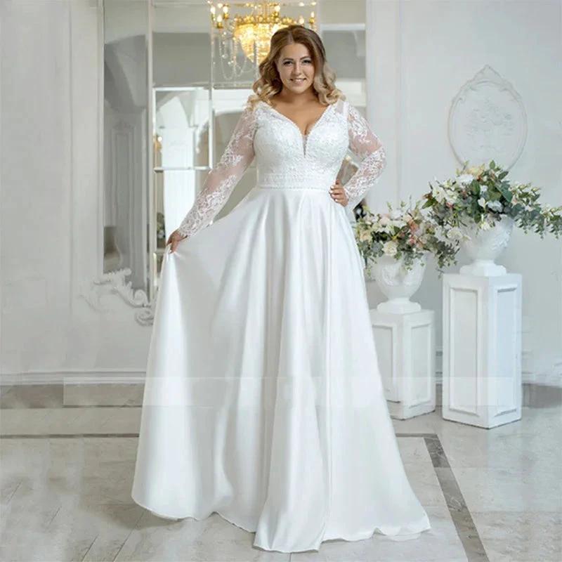 Beach Plus Size Wedding Dress Woman Satin Bohemian Lace Long Sleeve V Neck A Line Floor Length Bridal Gown White by payinti