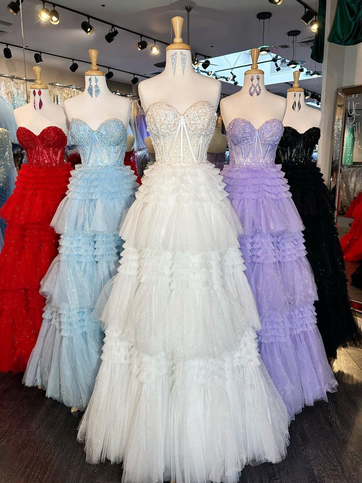 A-Line Sweetheart Tiered Long Tulle Prom Dress - View 12 | VelvetHem