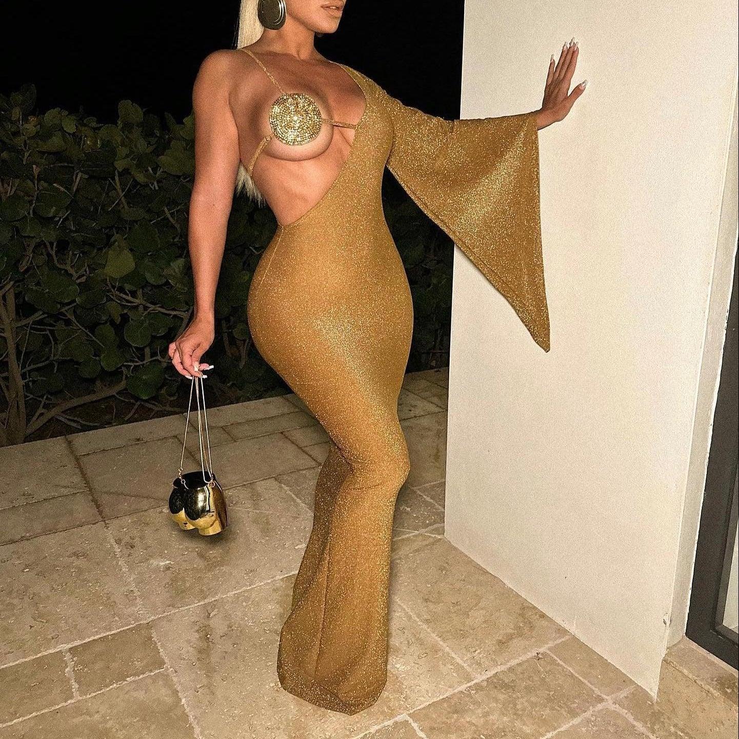 Clubbing Vibe Sparkly Rhinestone Bra Maxi Dress