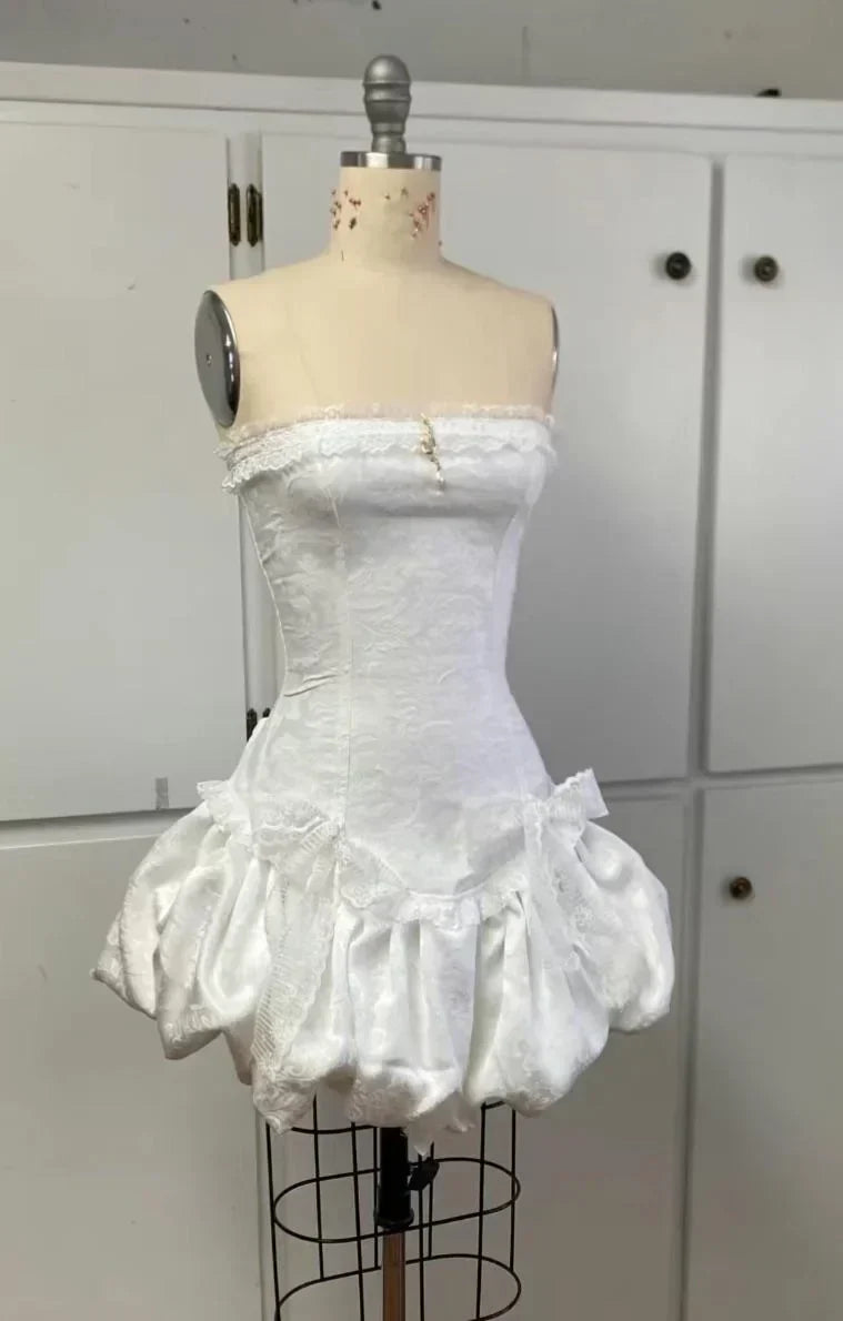 50s Vintage Sheath Strapless Lace Applique White Homecoming Dress Party Dress