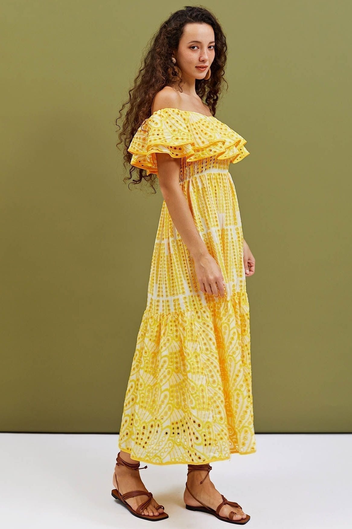 Statement Waleska Off the Shoulder a Line Flare Midi Dress with Embroidered Lace Occasion Edit