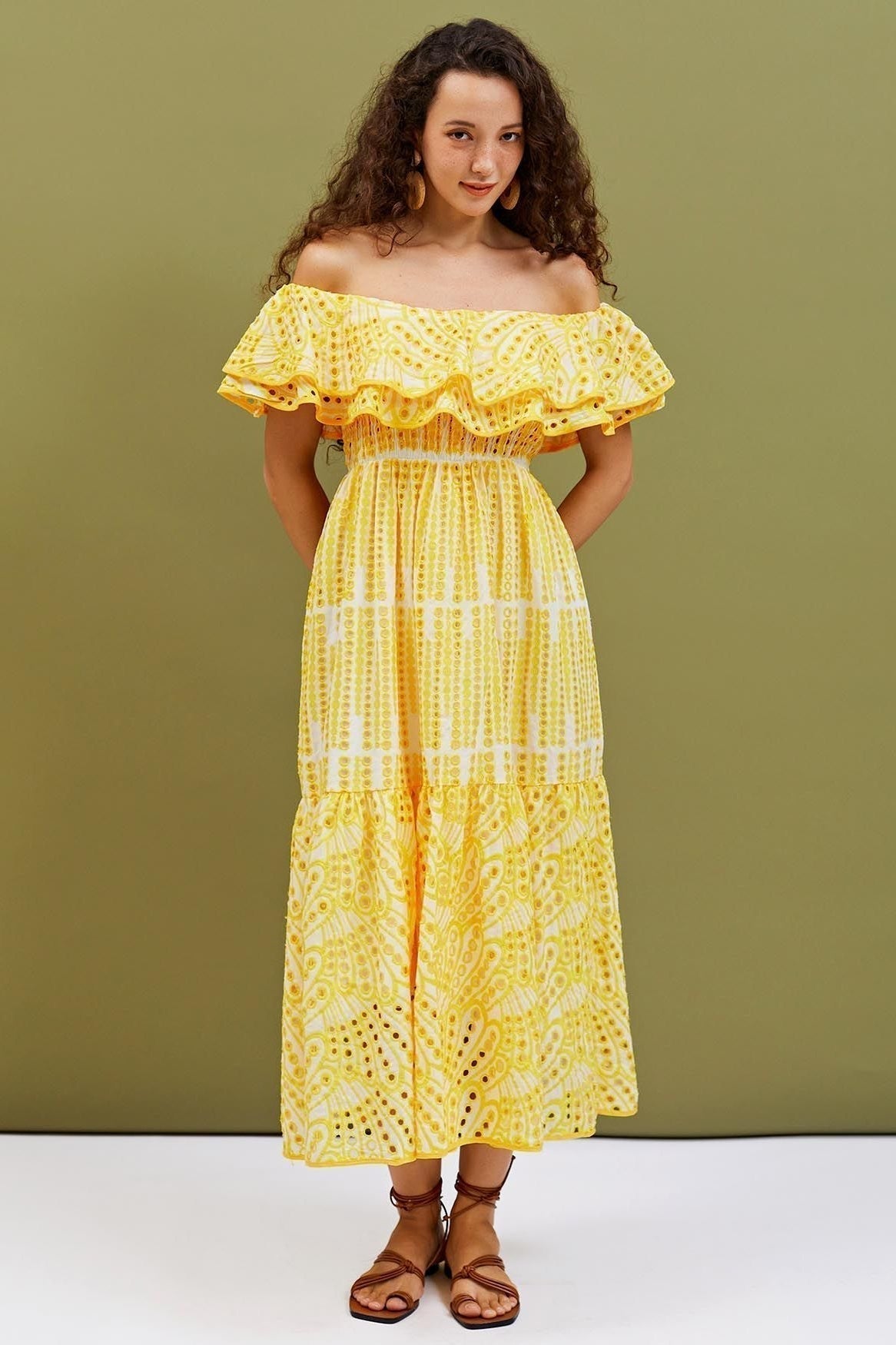 Statement Waleska Off the Shoulder a Line Flare Midi Dress with Embroidered Lace Occasion Edit