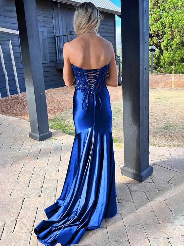Navy Mermaid Sweetheart Lace Satin Long Prom Dress with Slit