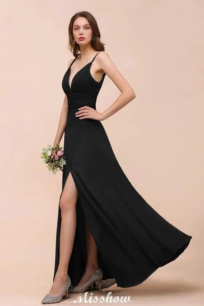 Double V-Neck Front Split Bridesmaid Dress Formal Party Dress for Wedding Black (ZD12945)