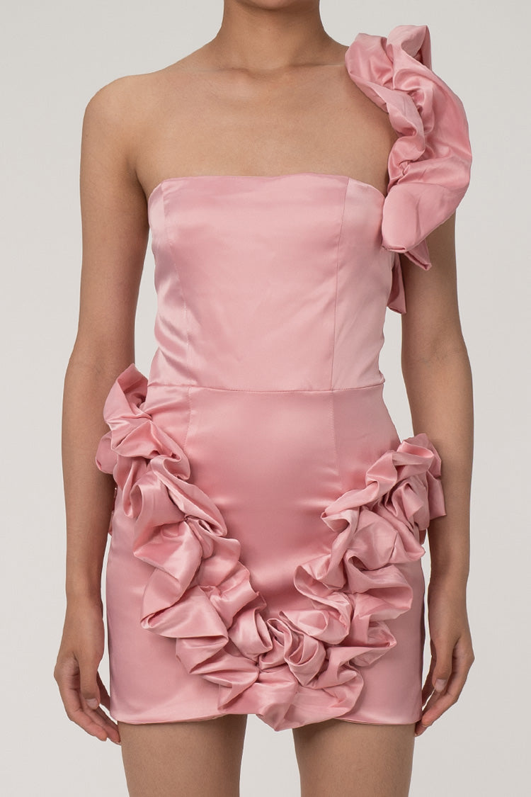 Dramatic Ruffled One Shoulder Summer Satin Bodycon Party Mini Dress - Fashionpara