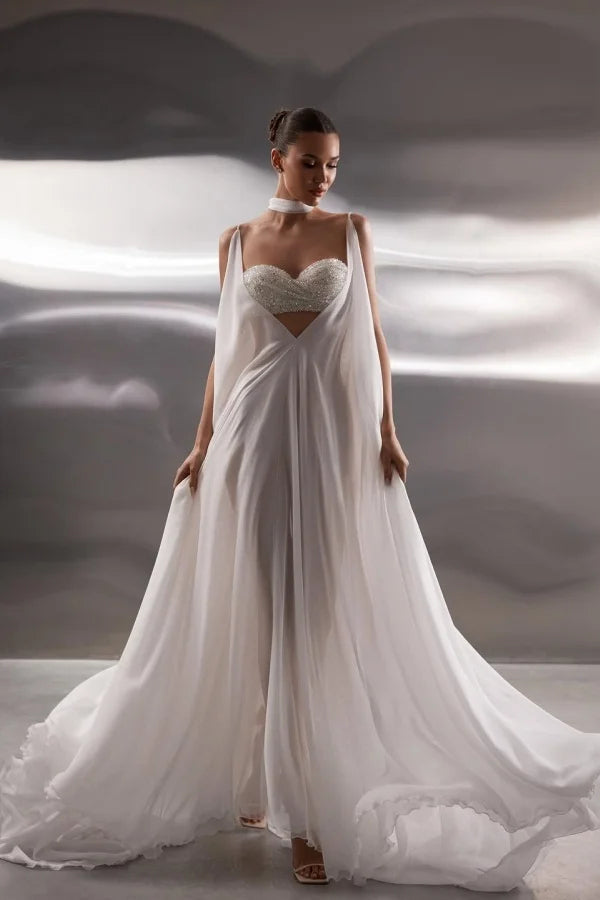 Dreamy White Spaghetti-Straps V-Neck Chiffon Prom Dresses Backless With Pleats