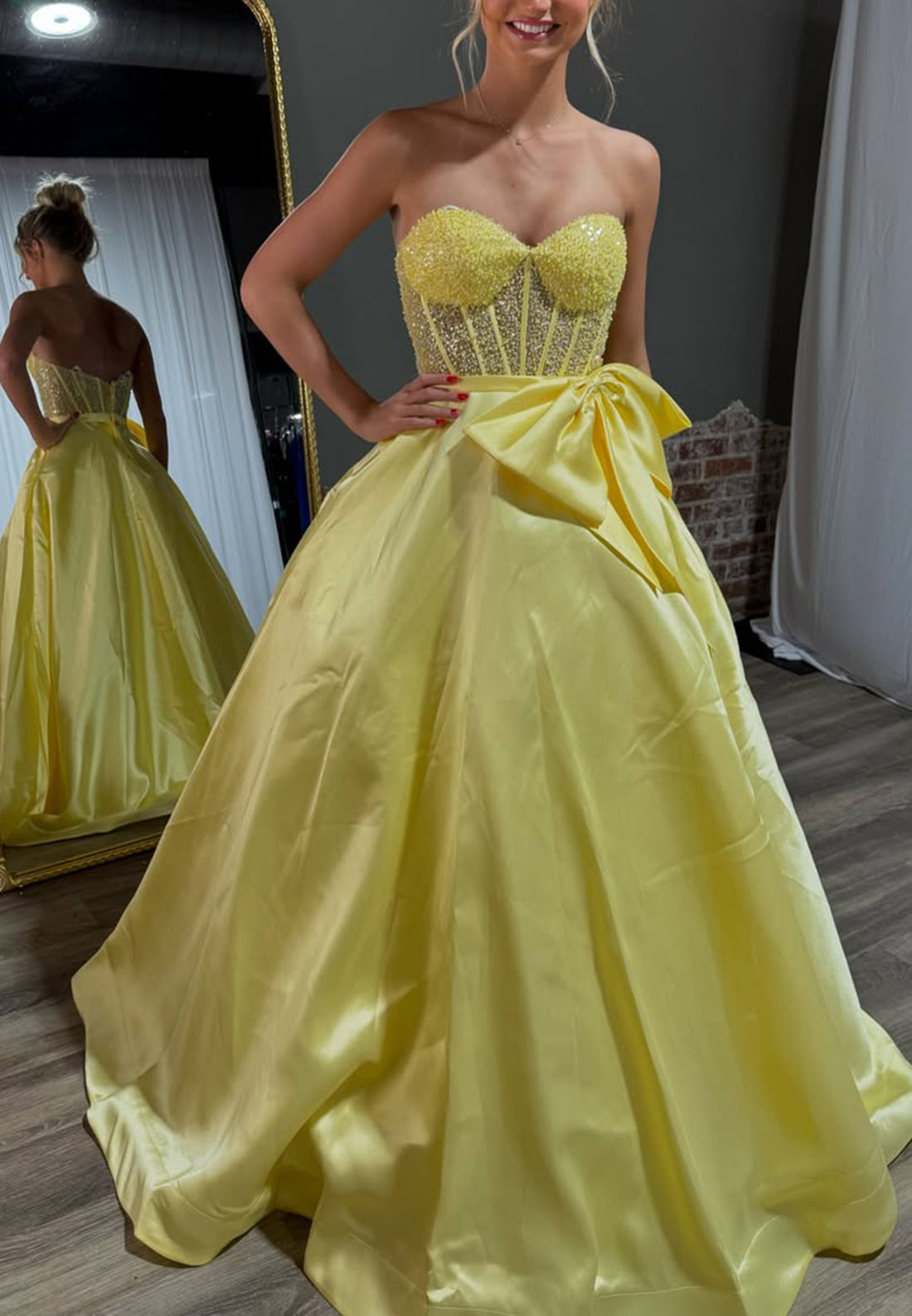 A Line Sweetheart Cute Bow Yellow Long Prom Party Dress