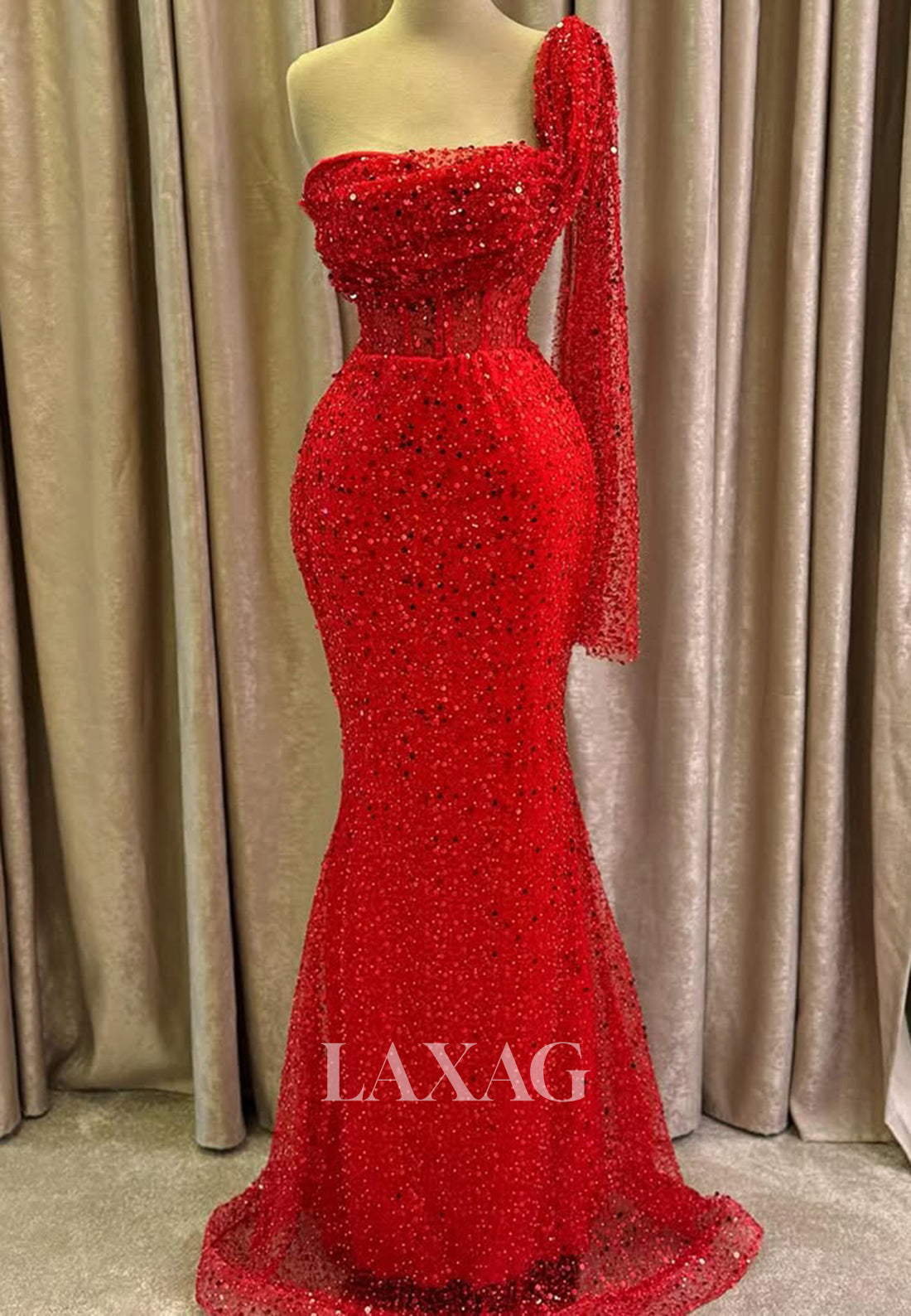 Tube Top Off-Shoulder One-Long-Sleeve Mermaid Prom Dress Fully Sequined Beaded Pleated Party Gowns
