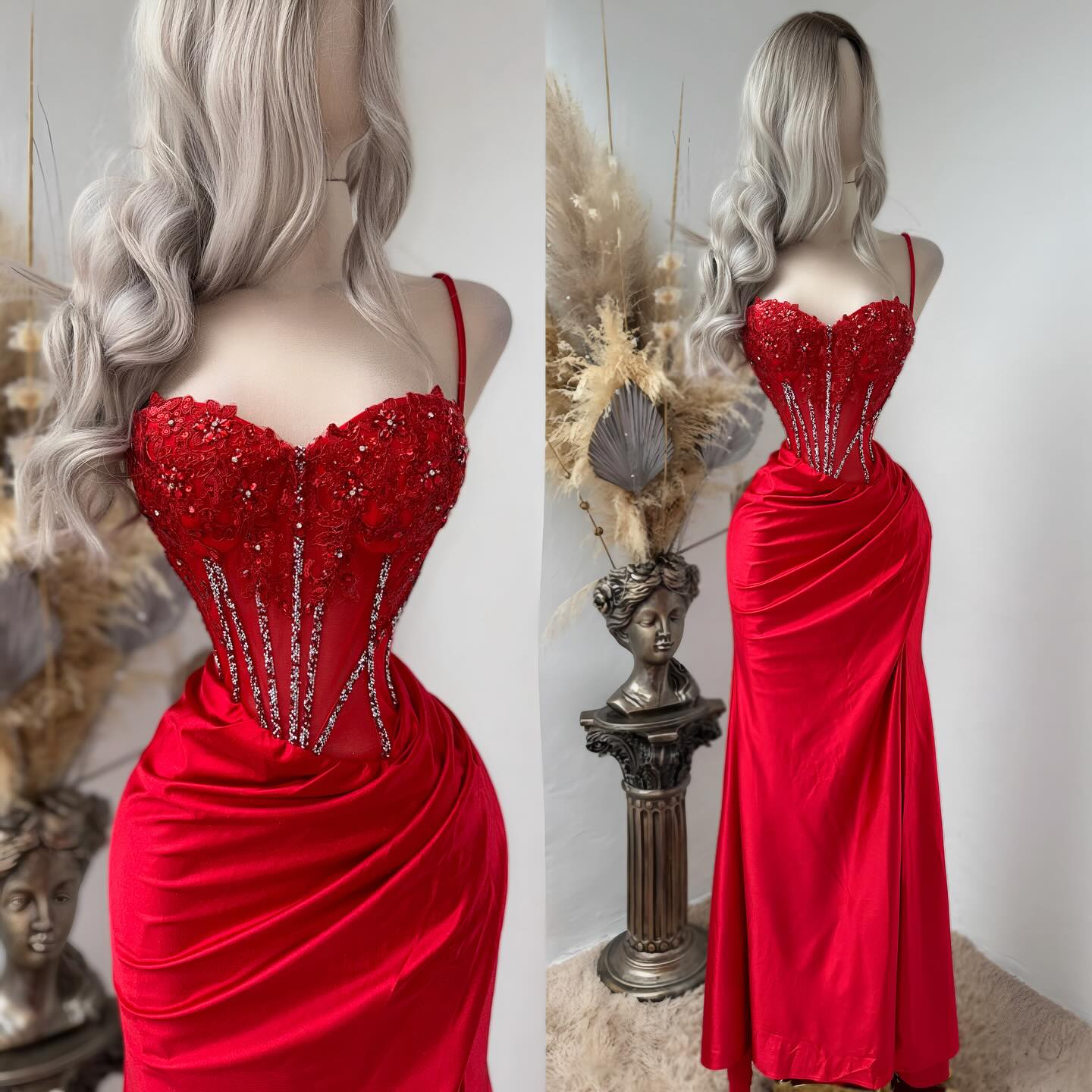 Glamorous Spaghetti Straps Sheath Appliques Pleats Satin Party Prom Dress with Beaded