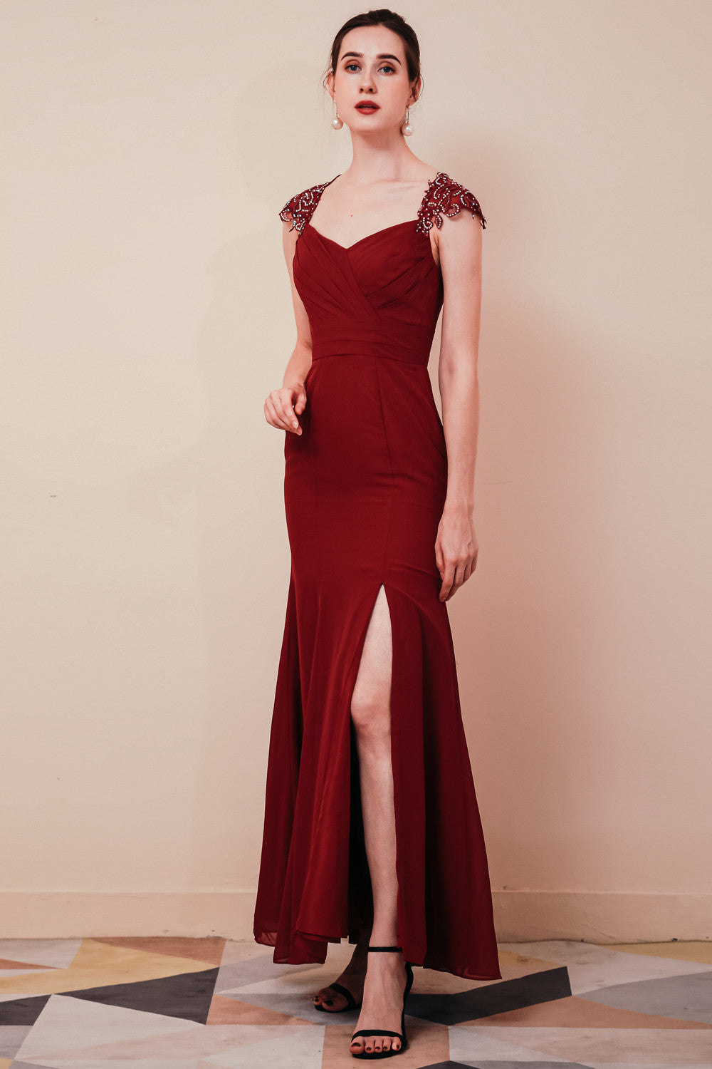 Dusty Pink Cap sleeves Chiffon Column Evening Dress