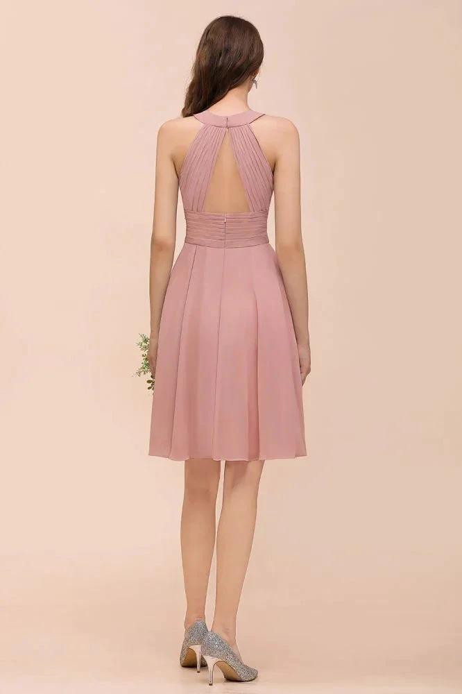 Dusty Pink Knee Length Bridesmaid Dress Halter Chiffon Maid of Honor Dress (ZD12992)