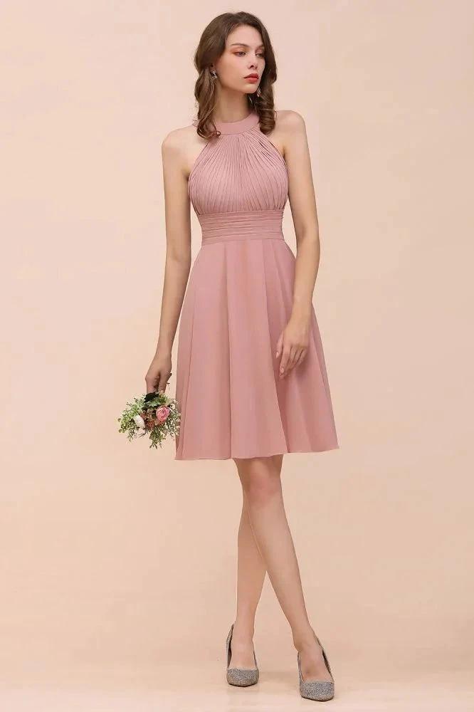 Dusty Pink Knee Length Bridesmaid Dress Halter Chiffon Maid of Honor Dress (ZD12992)